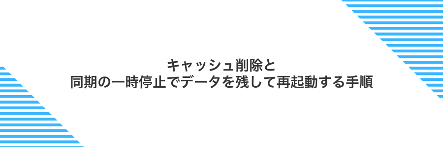 キャッシュ削除と同期の一時停止でデータを残して再起動する手順